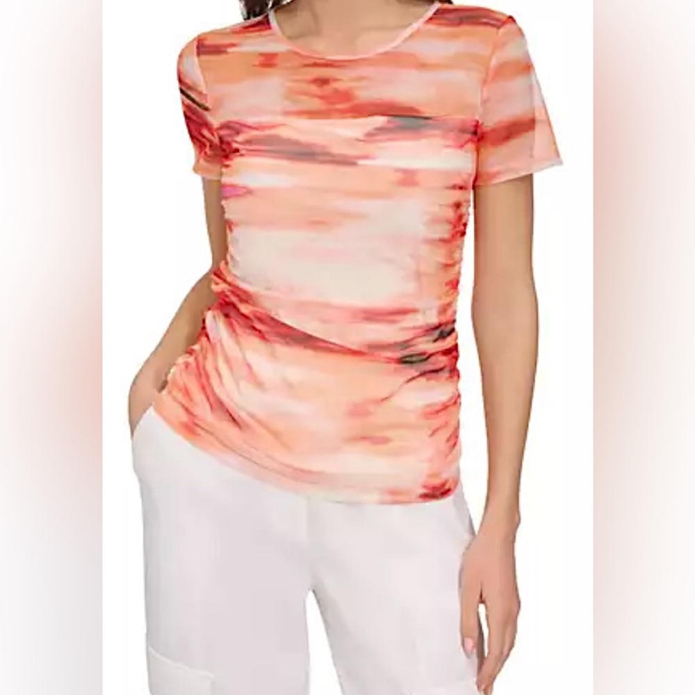 DKNY Women's Crewneck Side-Ruched Short Sleeve Mesh Top